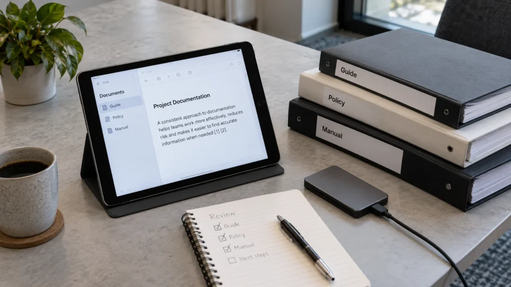 Tablet mit Dokumentquellen neben Ordnern und Prüfliste.