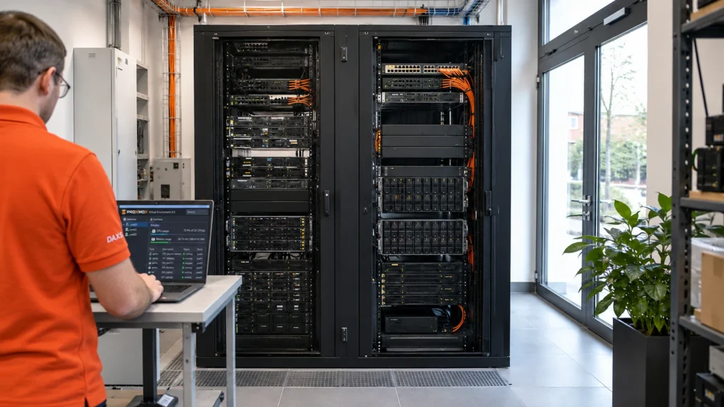 Herbert Röblreiter checks a virtualisation environment in a server room.