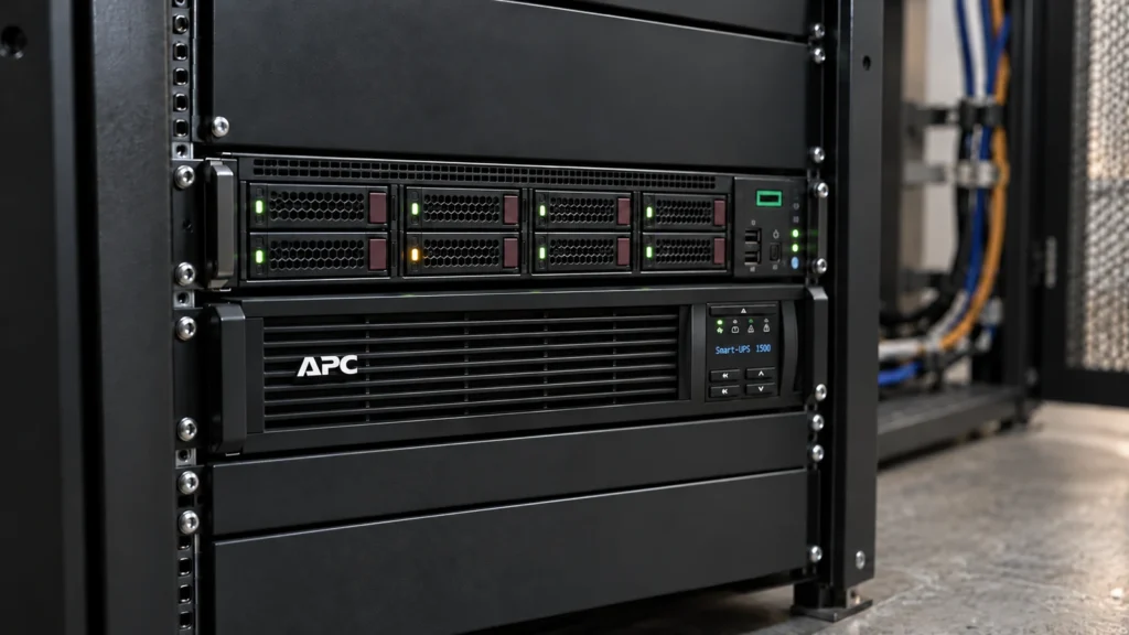 HPE-rackserver met schijfindicatoren boven een APC-UPS in een serverkast.