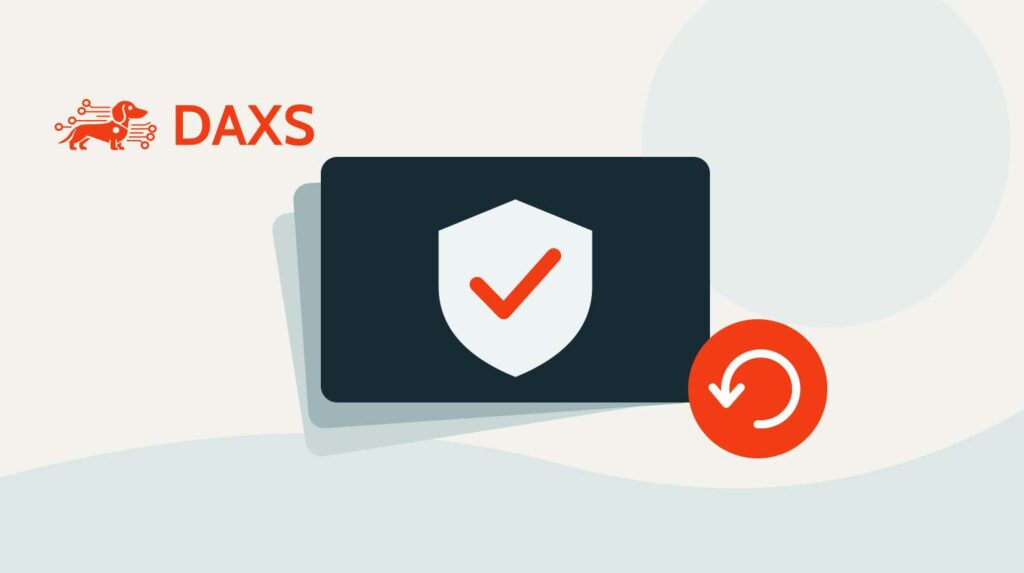 Le teckel DAXS accompagné de couches de protection abstraites et d’un symbole orange de mise à jour.