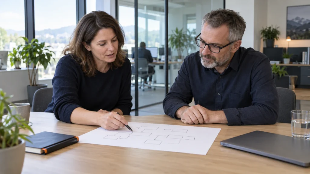 Deux personnes discutent de l’architecture d’une application à partir d’un croquis posé sur la table.