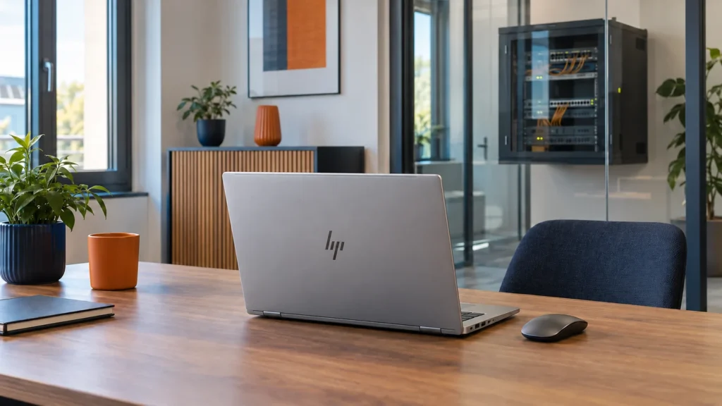 Ezüstszínű HP üzleti notebook egérrel, üveg mögötti zárt hálózati szekrény előtt.