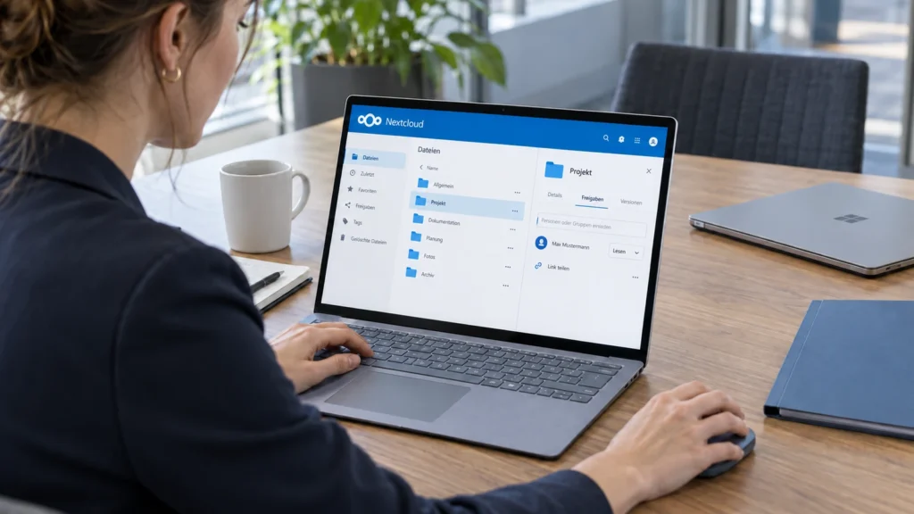 Nextcloud yrityksessä: jaot, päivitykset ja palautus on suunniteltava yhdessä 5 Käyttäjä tarkistaa Surface-kannettavalla Nextcloudin projektikansion lukuoikeuden.