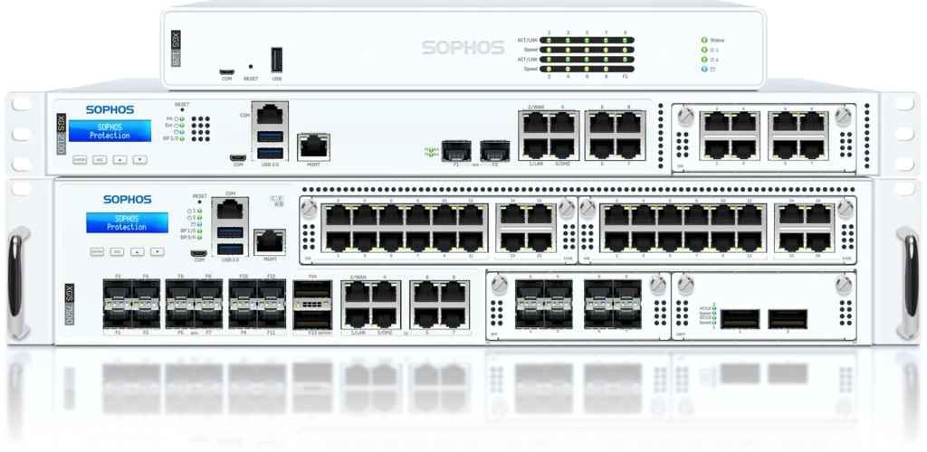 Sophos XGS 128, XGS 2100 und XGS 7500 in der Frontansicht.