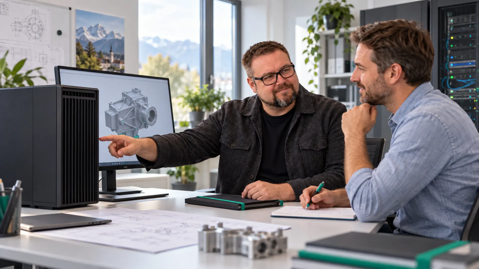 Herbert Röblreiter bespricht mit einem Kunden eine leistungsfähige Workstation für CAD und Engineering