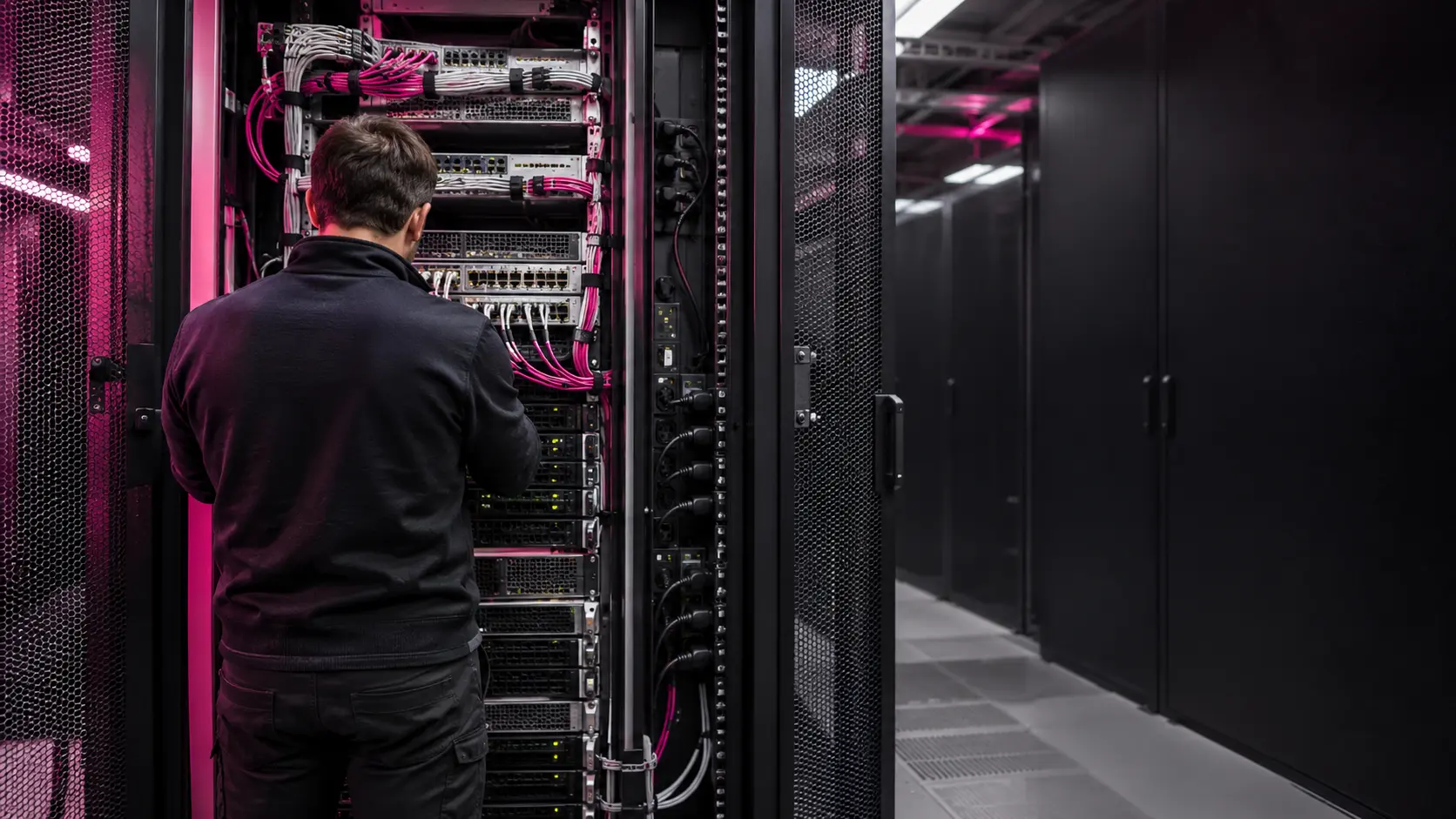HPE Server und Rack Wartung Techniker bei der Wartung eines Servers in einem professionellen Serverschrank