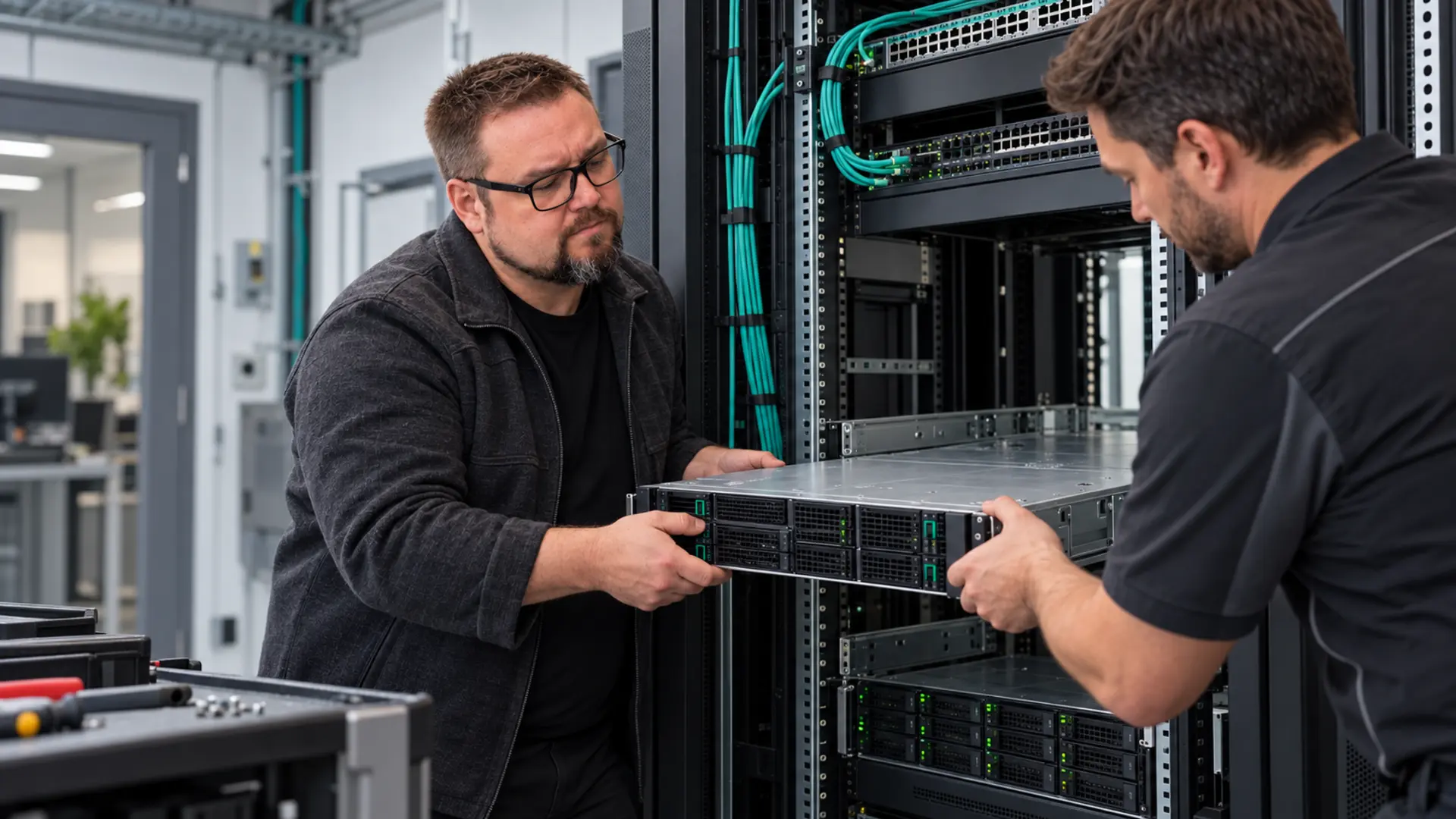 Herbert Röblreiter und ein Techniker schieben gemeinsam einen Rackserver in einen Serverschrank