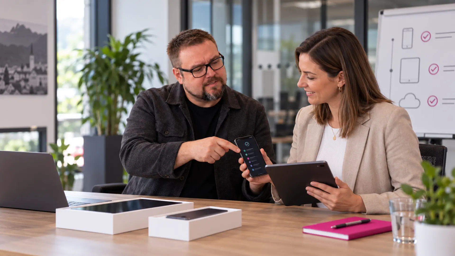 Herbert Röblreiter übergibt einer Geschäftskundin ein eingerichtetes Smartphone und Tablet