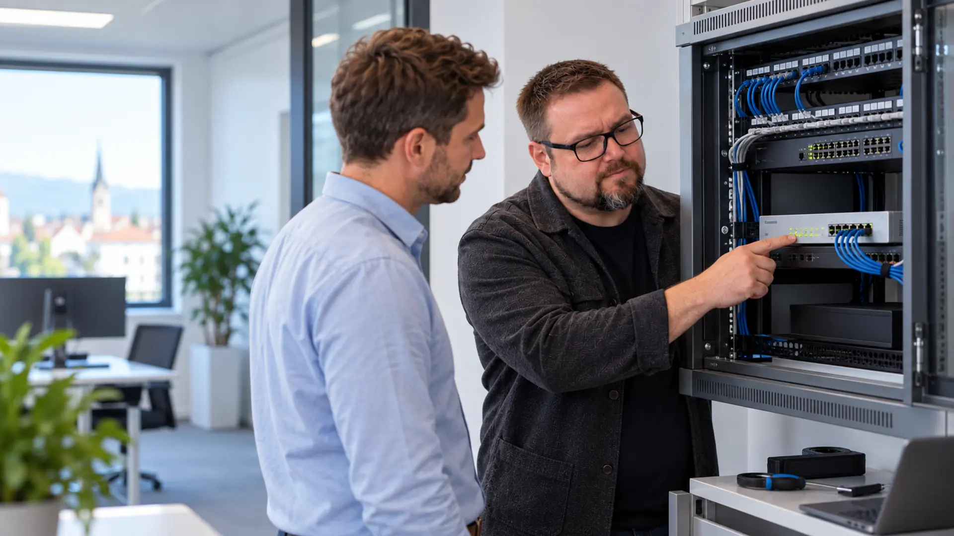 Herbert Röblreiter erklärt einem Kunden die Inbetriebnahme einer Firewall im Netzwerkschrank
