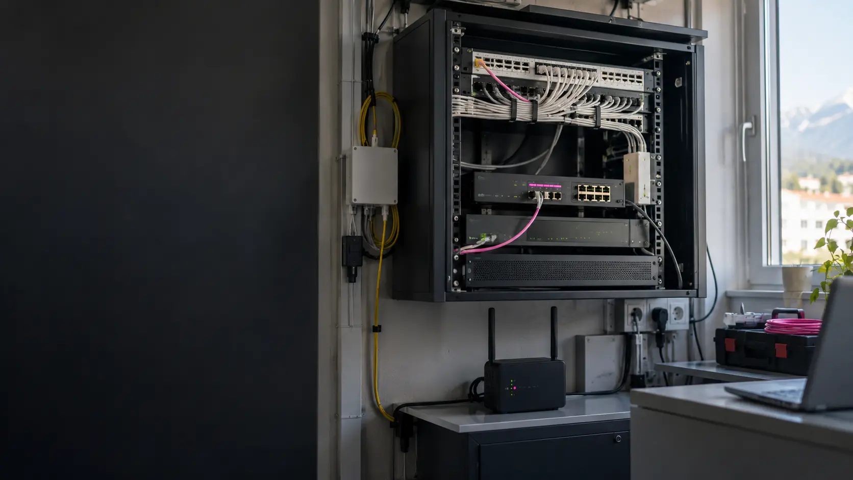 Sophos Firewall im Netzwerkschrank Netzwerkschrank mit Firewall, Glasfaseranschluss und mobiler Reserveverbindung