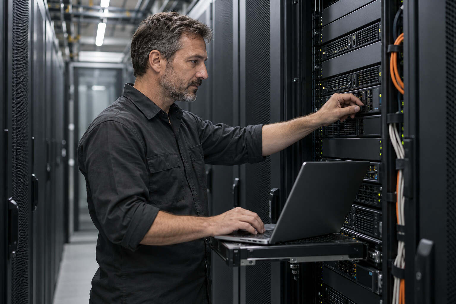 Illustratives Motiv: Techniker prüft die Infrastruktur im Rechenzentrum
