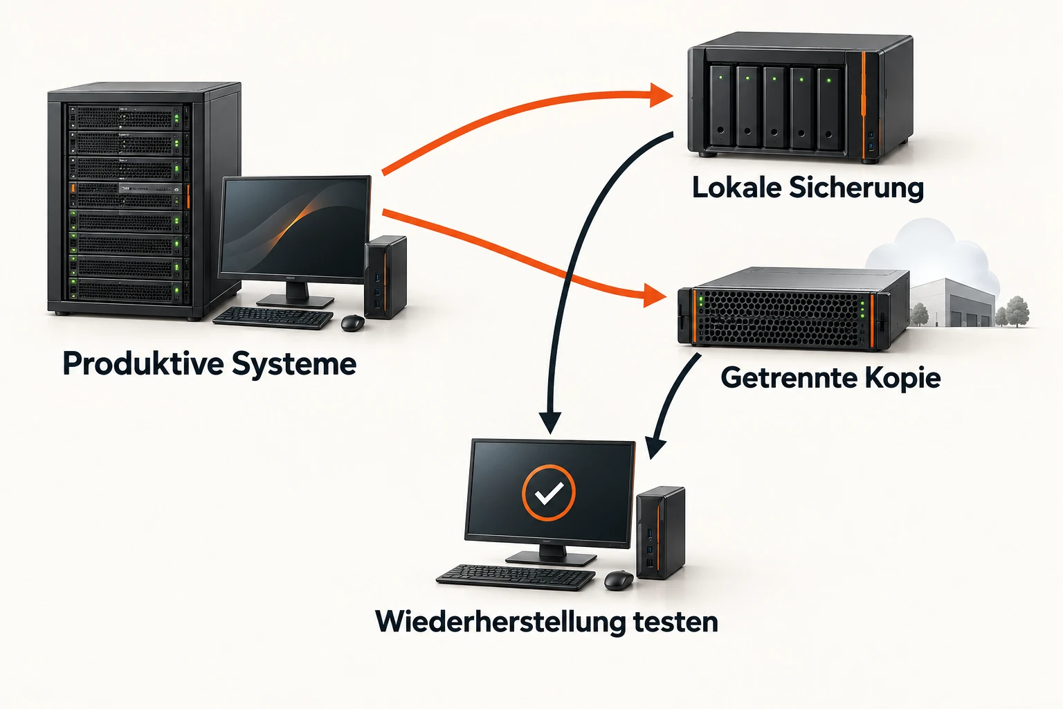 Schema mit lokaler Sicherung, getrennter Kopie und Wiederherstellungstest für produktive Systeme.
