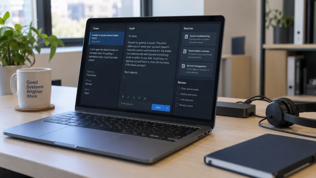 KI im Support: Vom Ticket zum prüfbaren Vorschlag 6 Laptop mit Supportticket, Antwortentwurf und Quellen zur Prüfung.
