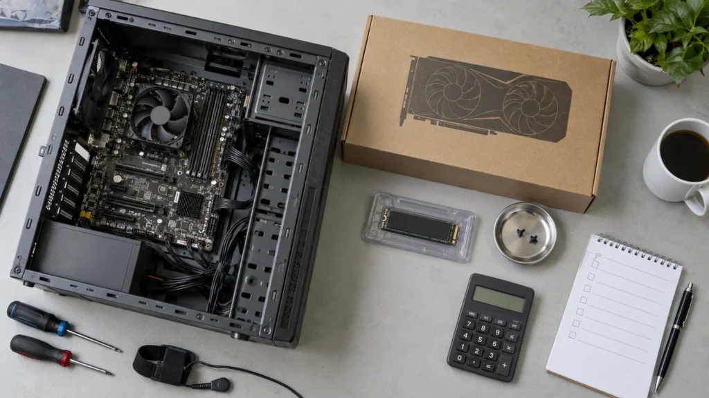 Åben computer med tilbehør, SSD og lommeregner på en arbejdsbænk.