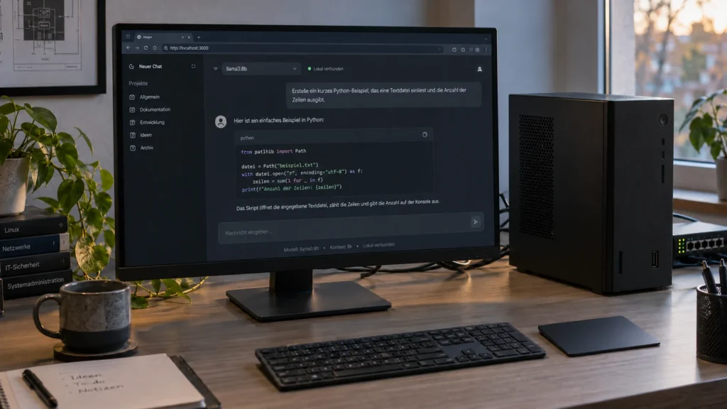 Ollama und Open WebUI im Firmennetz: Ein lokaler KI-Assistent 4 Arbeitsplatz mit lokalem KI-Chat und kompaktem Computer.