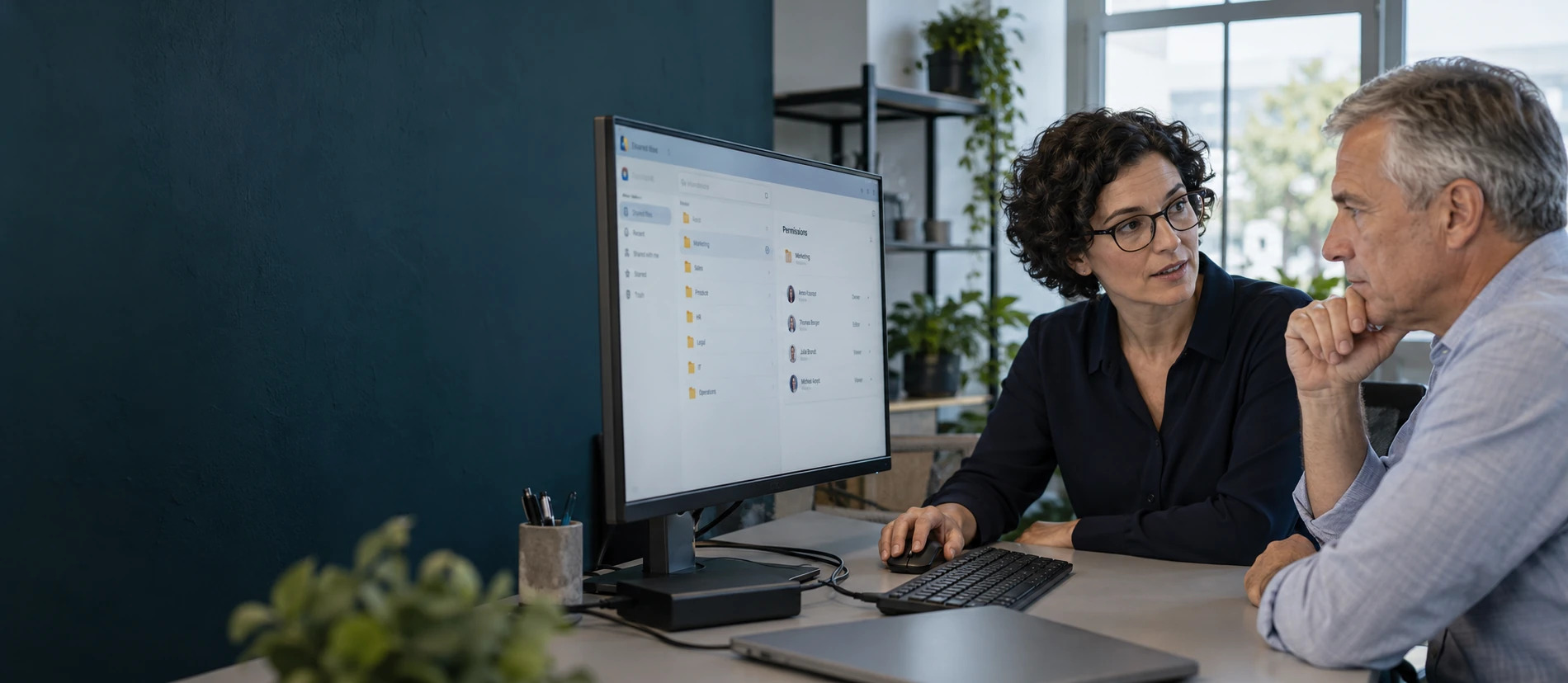 Cloud & SaaS 1 Eine Beraterin bespricht mit einem Kunden die Zugriffsrechte auf gemeinsame Cloud-Dateien.