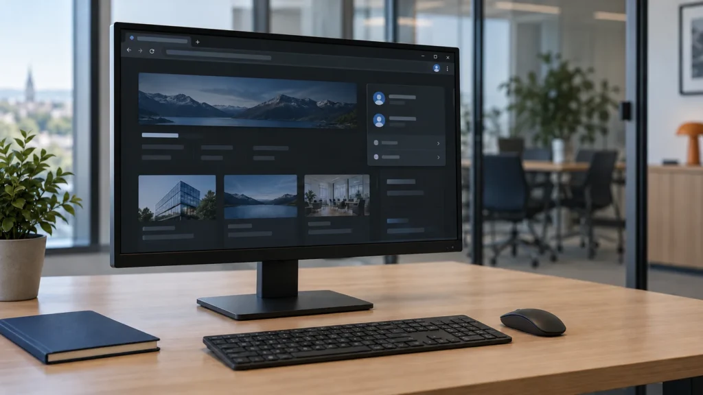 Microsoft 365 und Edge: Passwort-Sync und Teamzugänge 3 Monitor mit geöffneter Profilansicht in einem dunklen Browser.