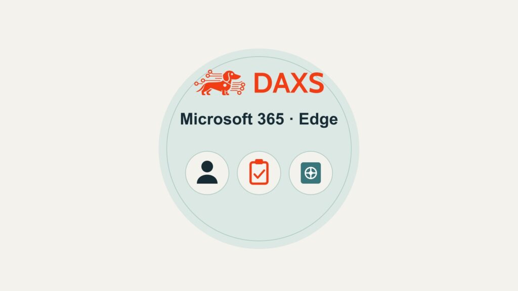 Microsoft 365 en Edge: wachtwoordsynchronisatie en teamtoegang 1 DAXS-illustratie met afzonderlijke symbolen voor een persoonlijk profiel, beheerderstoewijzing van inloggegevens en een gedeelde kluis, naast Microsoft 365 en Edge.
