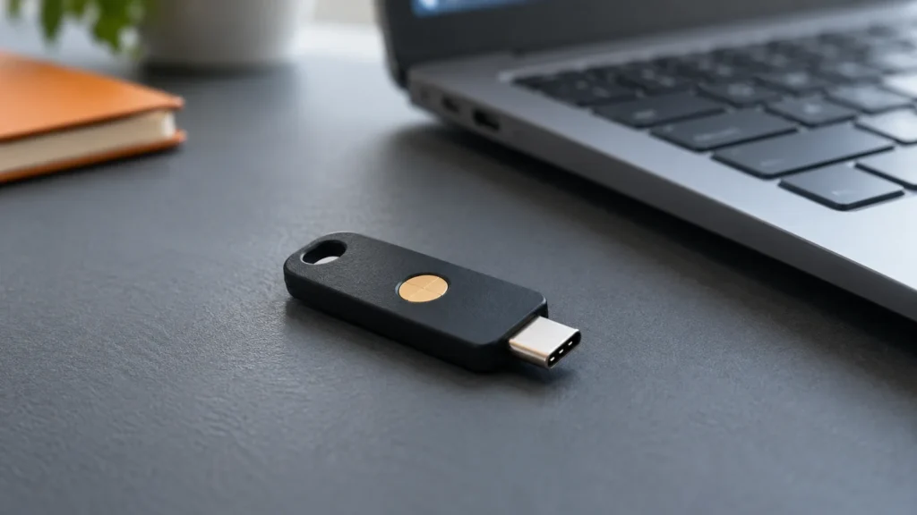 USB-Sicherheitsschlüssel und Windows: FIDO2 mit Entra ID richtig einordnen 2 USB-C-Sicherheitsschlüssel mit Berührungsfläche neben einem Notebook.