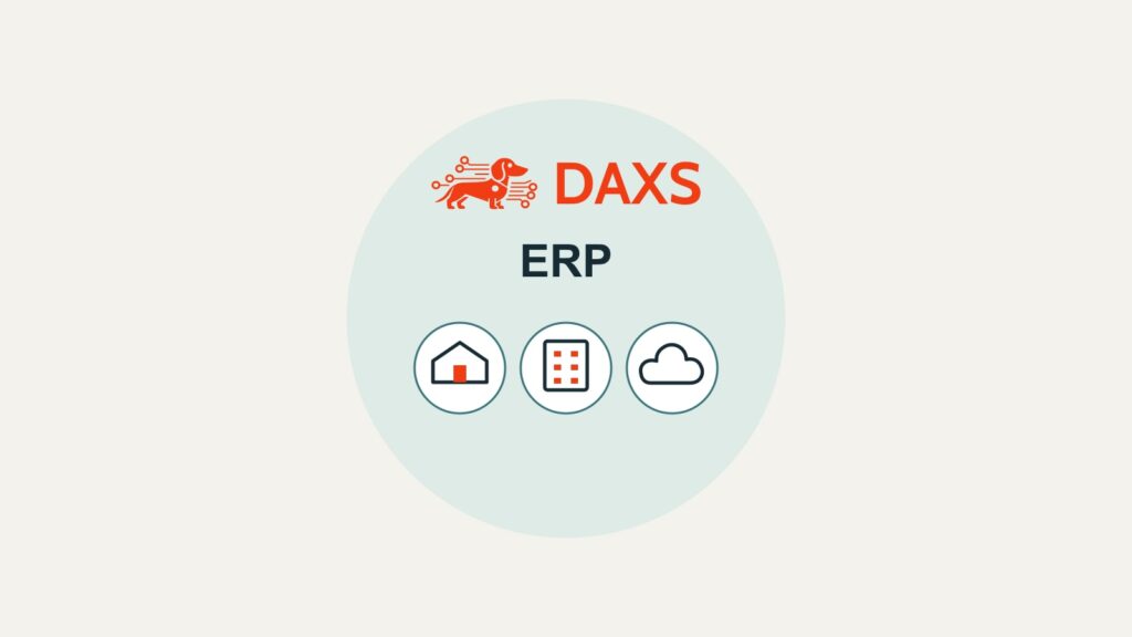 Logo DAXS a nápis ERP nad třemi oddělenými symboly pro vlastní lokalitu, housing a cloudovou infrastrukturu