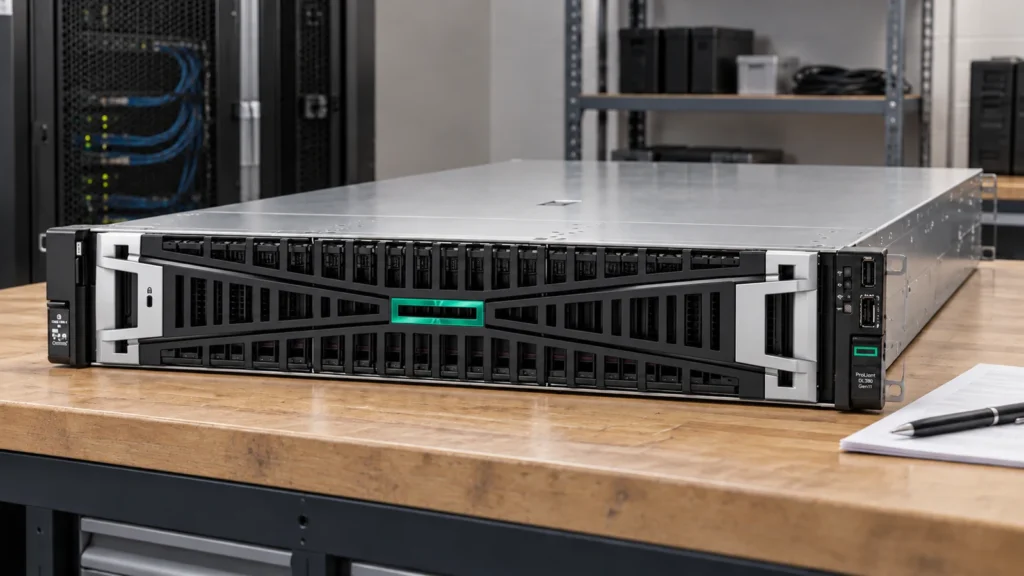 Closed HPE ProLiant rack server with a security bezel on a workbench beside a configuration sheet and pen.