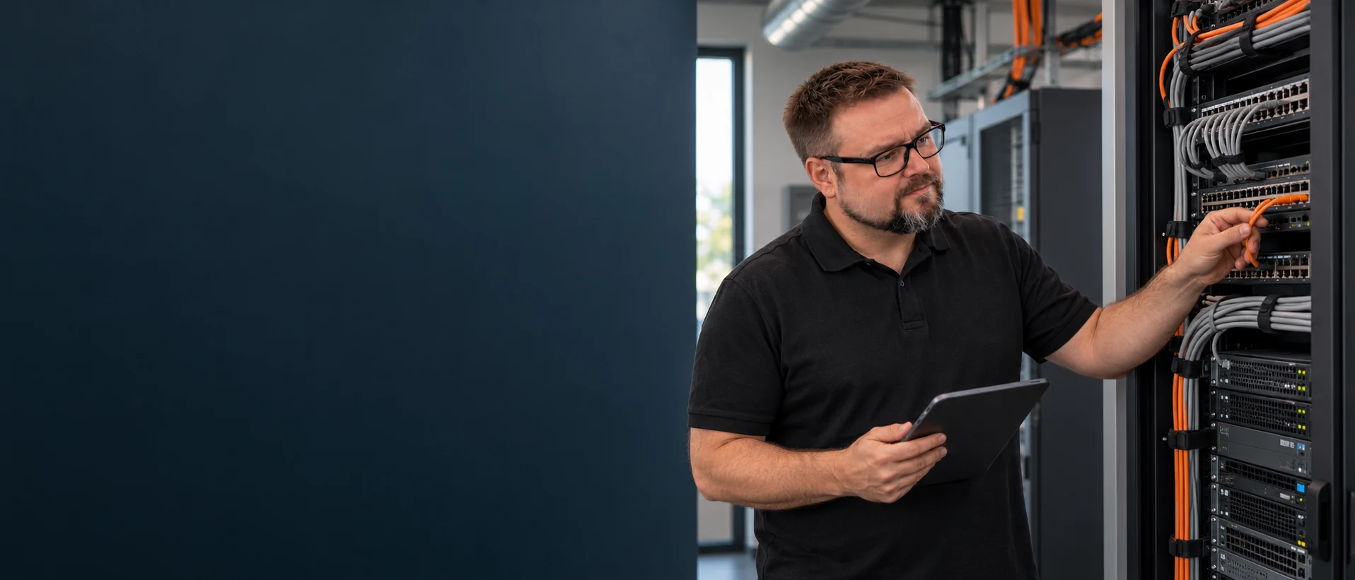 Herbert kontrolliert einen Netzwerkanschluss im Rack und hält die Zuordnung am Tablet fest.