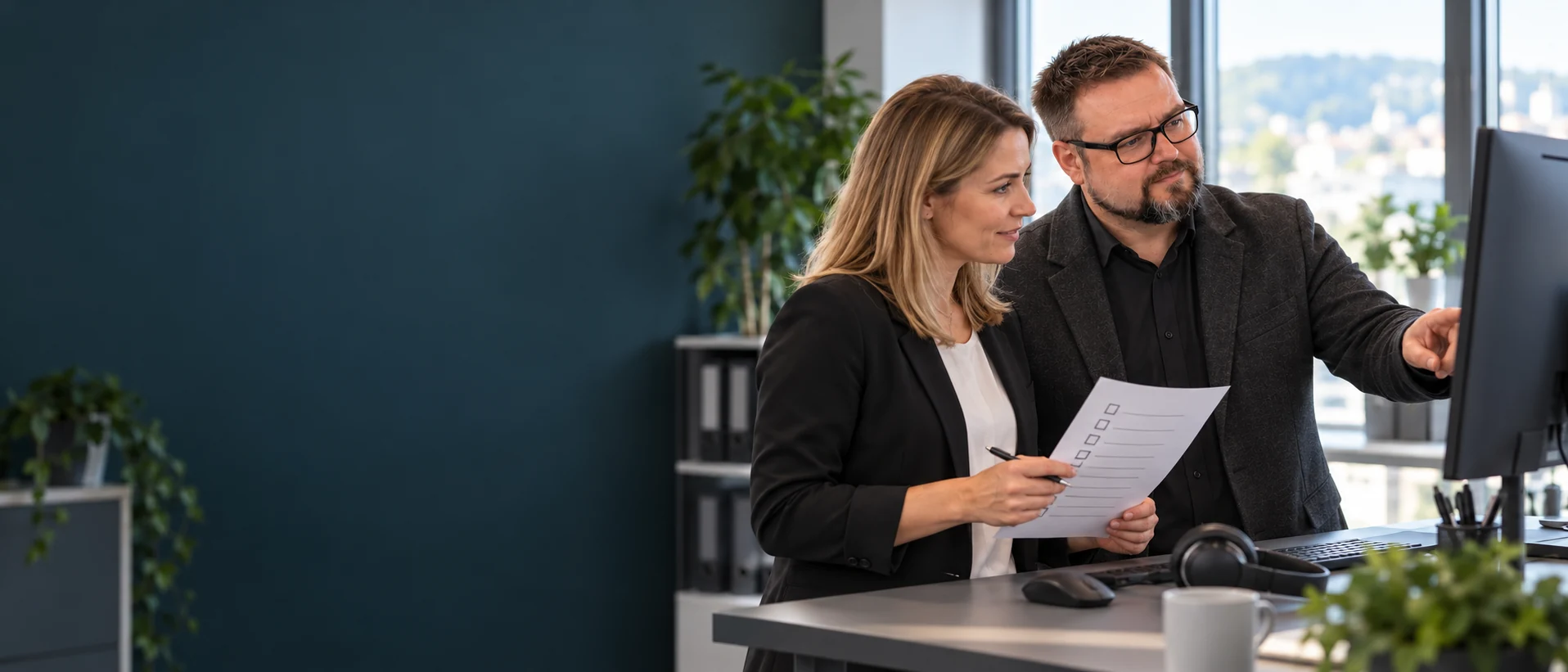 Herbert und eine Ansprechpartnerin prüfen gemeinsam die Funktion eines Arbeitsplatzes.