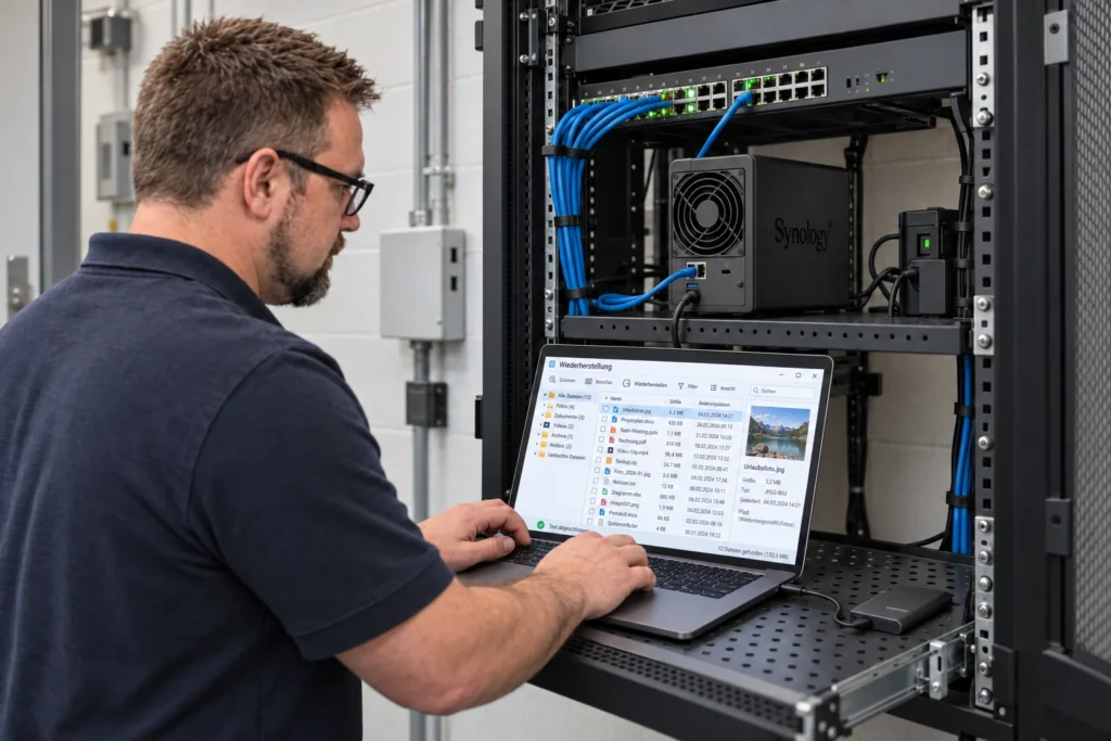 Herbert Röblreiter prüft wiederhergestellte Dateien an einem verkabelten NAS im Technikschrank.