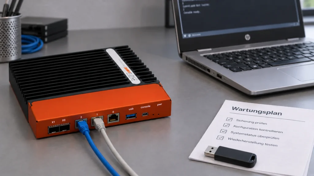 OPNsense aktualisieren: Regeln, VPN und Rückweg gehören zum Wartungsplan 4 OPNsense-Appliance mit zwei Ethernetleitungen neben HP-Notebook, Wartungsplan und USB-Speicher; die Konsolenbuchse ist frei.