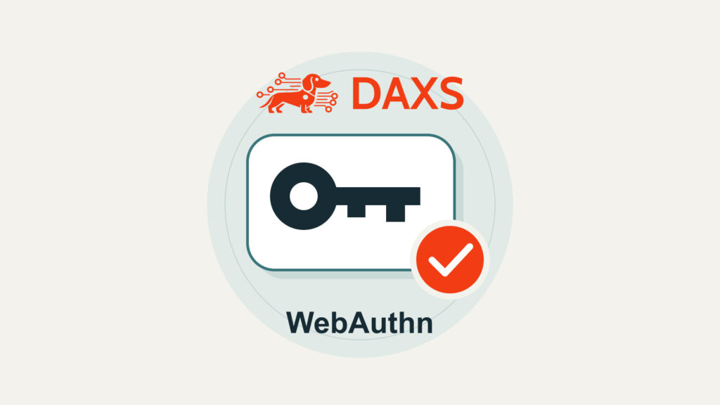 Kulcsszimbólum jóváhagyó pipával a DAXS-logó és a WebAuthn megnevezés alatt.