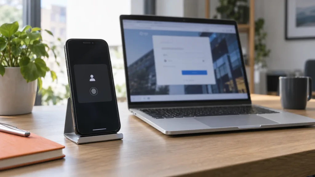 Passkeys statt Passwörter: Wie funktionieren sie im Berufsalltag? 4 Smartphone im Tischständer neben einem geöffneten Notebook mit Anmeldeansicht.