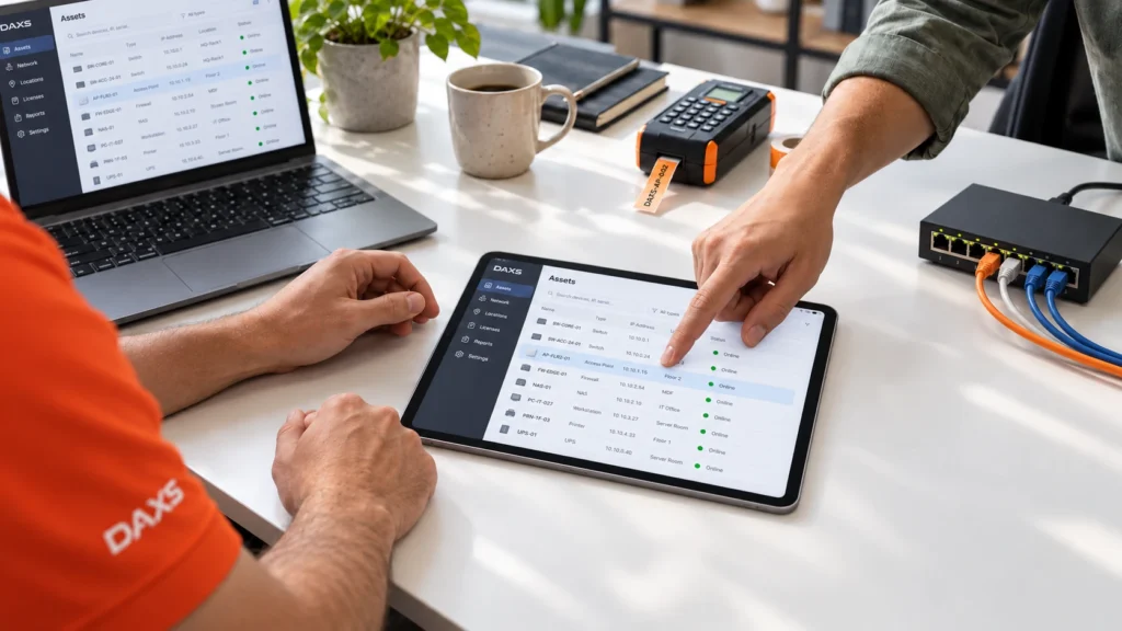 DAXS Dokumentation: Leistungen, Zusammenarbeit und Orientierung an einem Ort 1 Zwei Ansprechpartner prüfen eine Geräteübersicht am iPad.