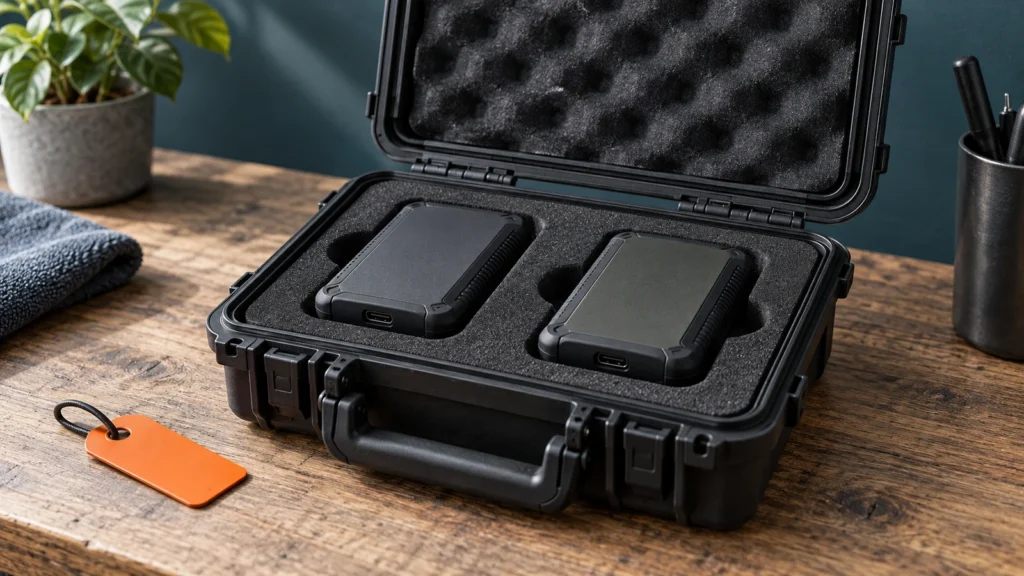 Zwei portable Speichermedien geschützt in einem geöffneten Transportkoffer.