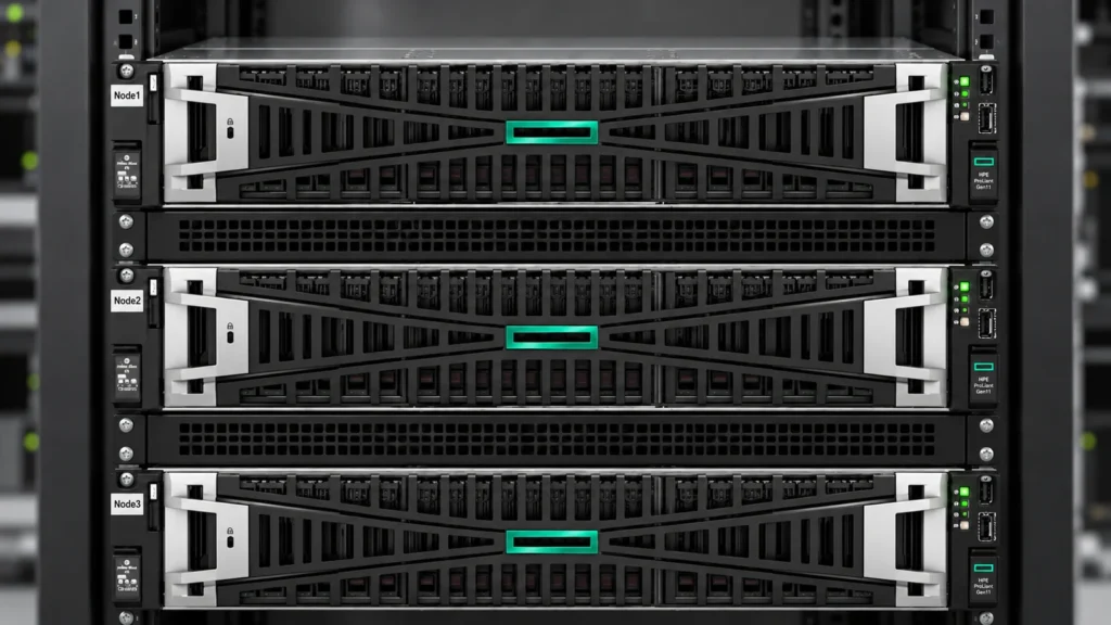 Drei HPE-Rackserver mit den Kennzeichnungen Node1, Node2 und Node3, getrennt durch belüftete Blindblenden.