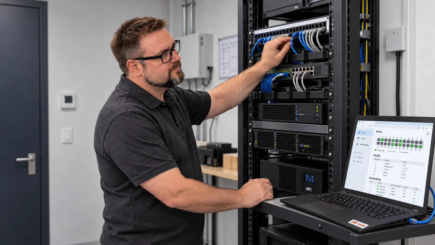 Herbert Röblreiter prüft Patchkabel und die Portbelegung eines Switches am Notebook.