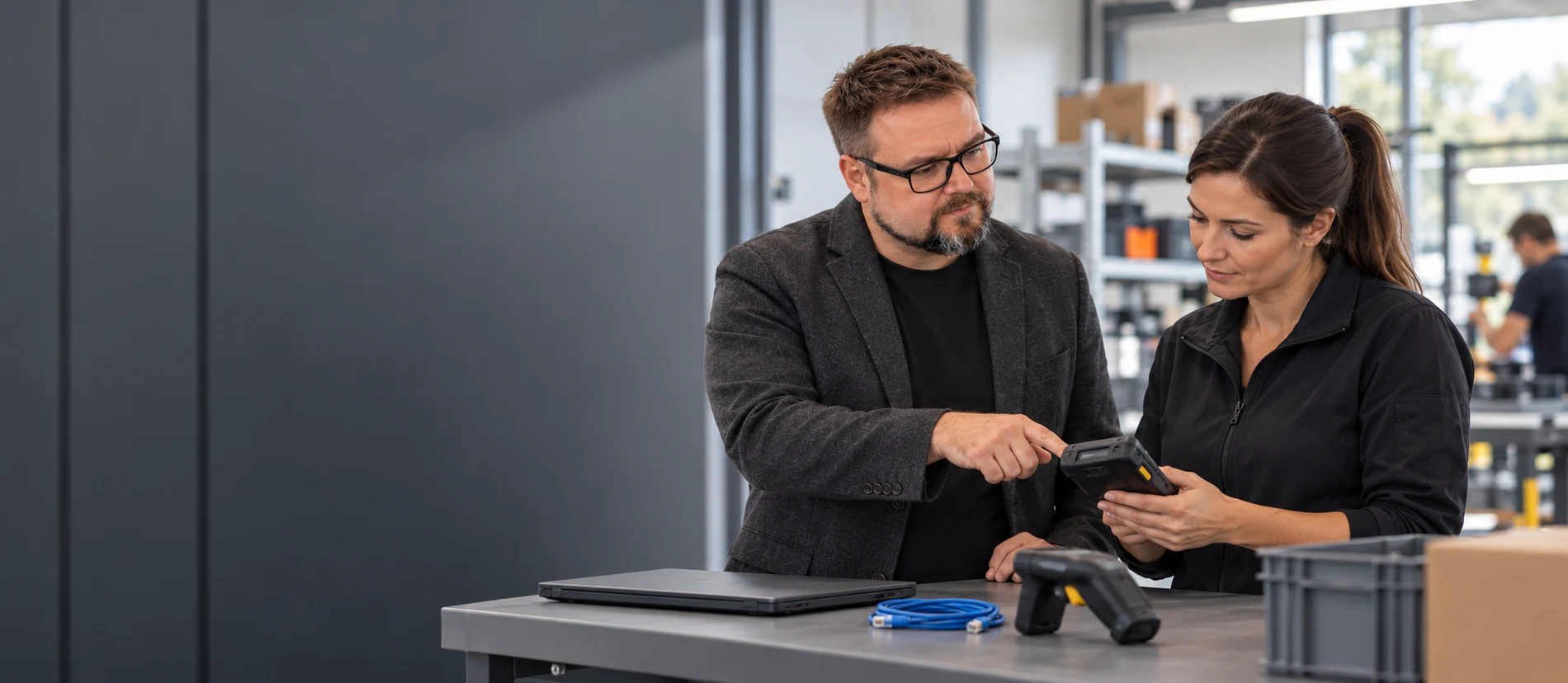 Leistungen 1 Herbert Röblreiter und eine Gesprächspartnerin prüfen ein mobiles Terminal im betrieblichen Arbeitsumfeld.