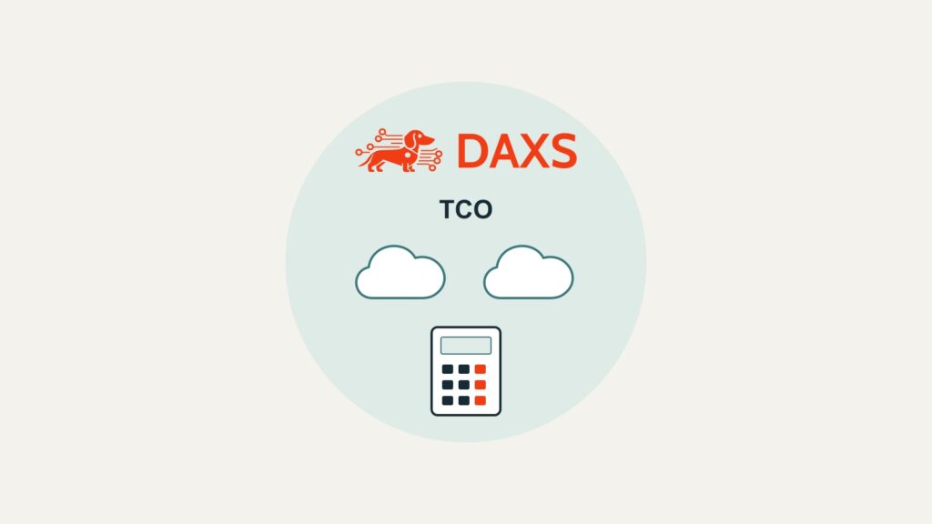 DAXS-logó és TCO-felirat két felhőszimbólum és egy számológép fölött