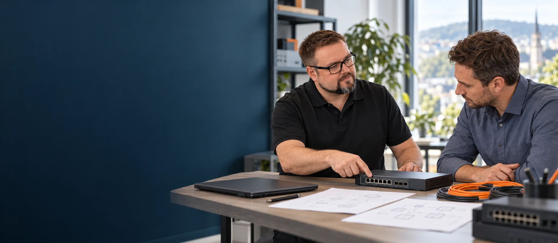 Partner & Hersteller 1 Herbert Röblreiter erläutert an einem Arbeitstisch Anschlüsse eines Netzwerkswitches.