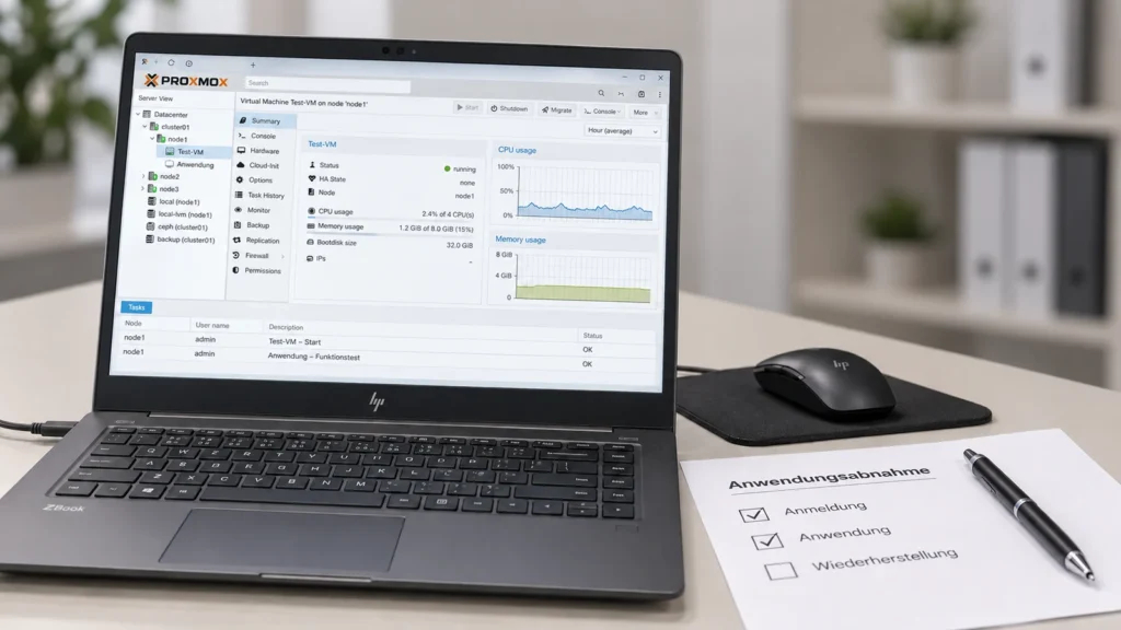 HP-ZBook mit einer virtuellen Maschine in der Proxmox-Verwaltung neben einer Checkliste für Anmeldung, Anwendung und Wiederherstellung.