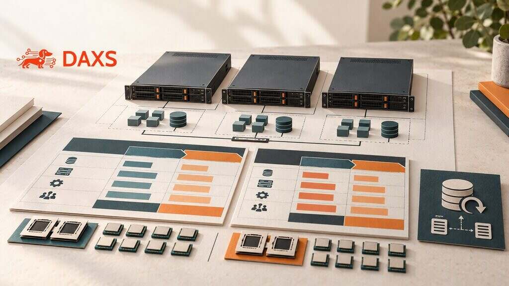 DAXS-Logo über einem Tischmodell mit drei Virtualisierungshosts, CPU-Kacheln, Kostenblättern und Backup-Symbol