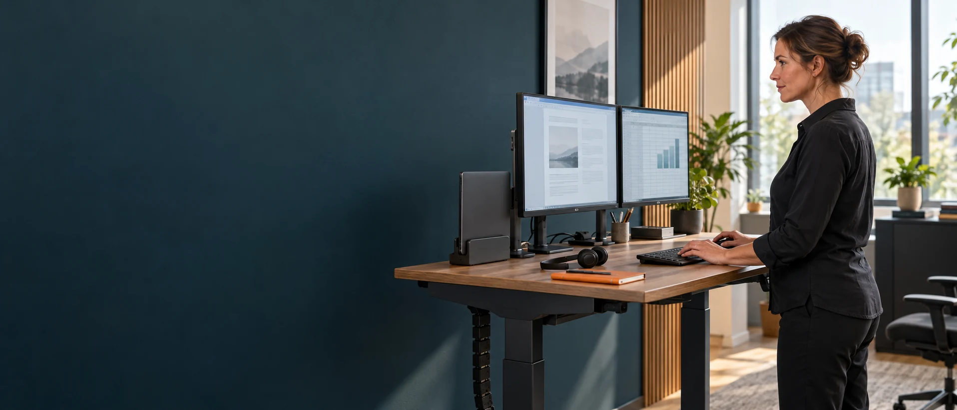 Eine Person prüft den eingerichteten Arbeitsplatz mit Monitoren, Eingabegeräten und Headset.