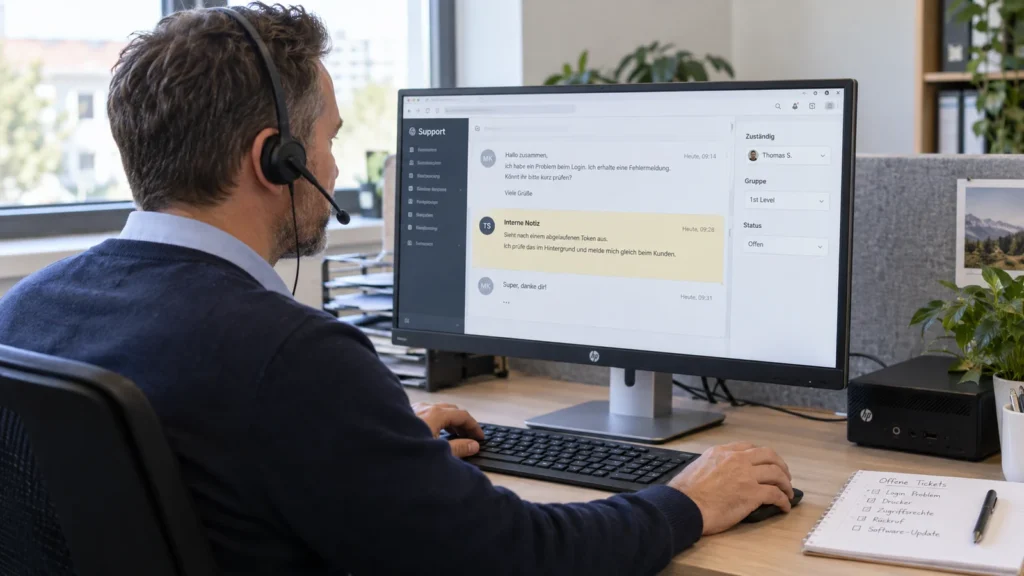 Supportmitarbeiter mit Headset, Tastatur und Maus vor einer Ticketansicht mit Zuständigkeit, Status und interner Notiz.